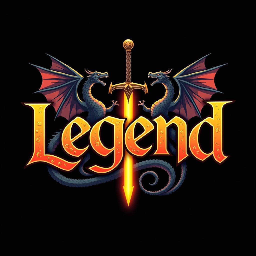  design a logo, custom sticker design on an isolated black background with the words ‘legend’ in bold font decorated by mythical dragons and a flaming sword