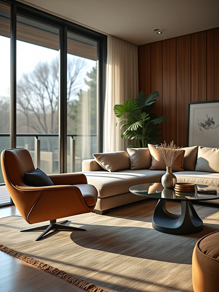  high quality portrait photo of a bright living room with large windows, featuring a plush leather armchair, modern glass coffee table, and a rustic wooden accent wall hyperrealistic, full body, detailed clothing, highly detailed, cinematic lighting, stunningly beautiful, intricate, sharp focus, f/1. 8, 85mm, (centered image composition), (professionally color graded), ((bright soft diffused light)), volumetric fog, trending on instagram, trending on tumblr, HDR 4K, 8K