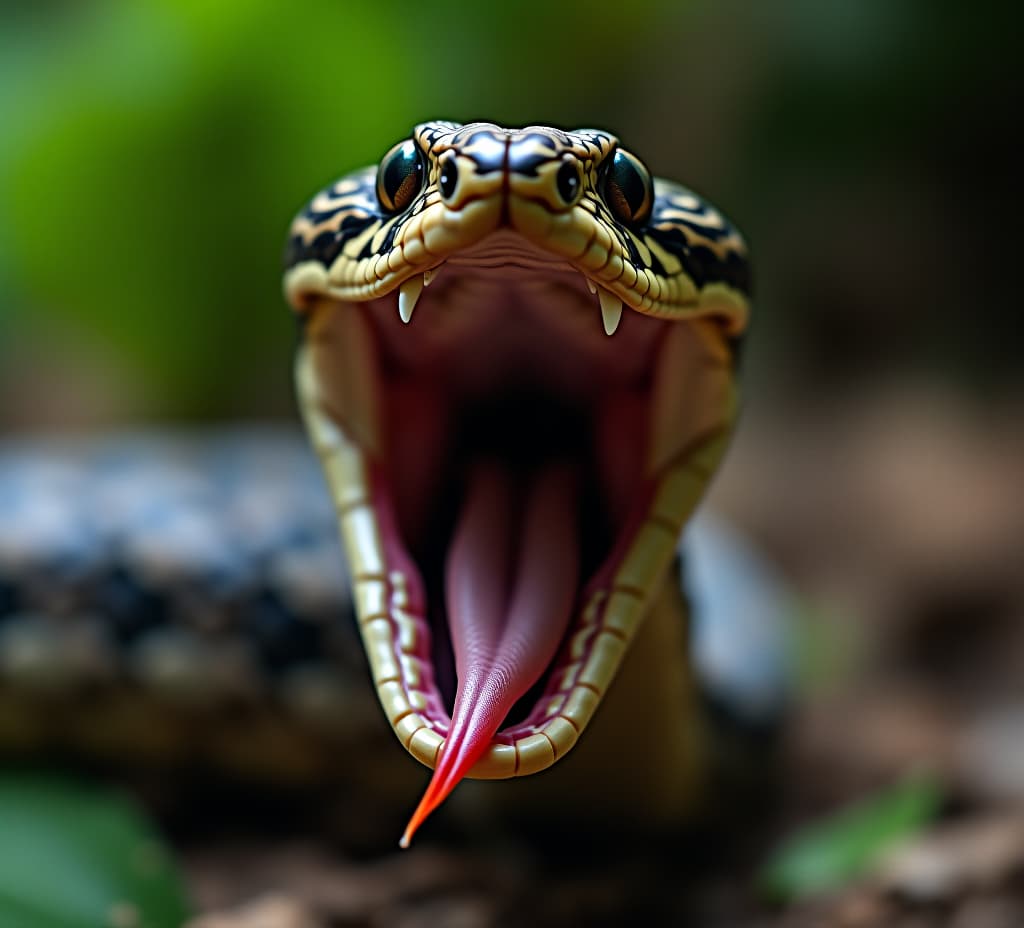  closeup of snake with open mouth, showing sharp teeth and tongue. dangerous poisonous cobra serpent reptile animal attack in tropical nature. scary deadly angry aggression, exotic jungle