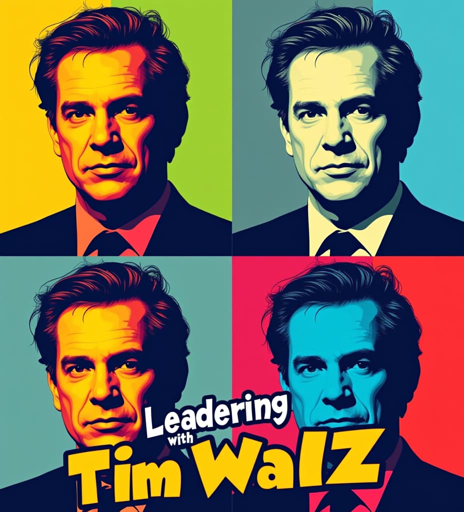  create a vibrant, andy warhol inspired pop art portrait of tim walz with four variations of color palettes. overlay catchy text like “leadership with integrity” in a modern, comic book font, for tshirt design