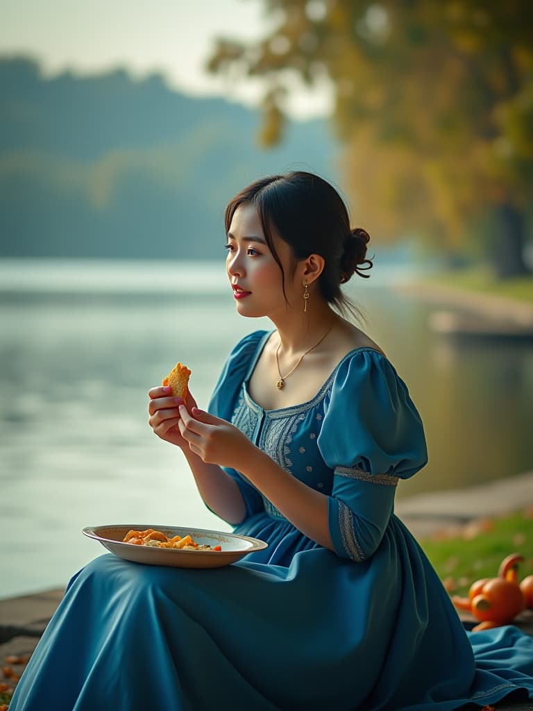  the lady in a blue dress is eating food beside the riverbank. would you like me to help you with anything else? hyperrealistic, full body, detailed clothing, highly detailed, cinematic lighting, stunningly beautiful, intricate, sharp focus, f/1. 8, 85mm, (centered image composition), (professionally color graded), ((bright soft diffused light)), volumetric fog, trending on instagram, trending on tumblr, HDR 4K, 8K