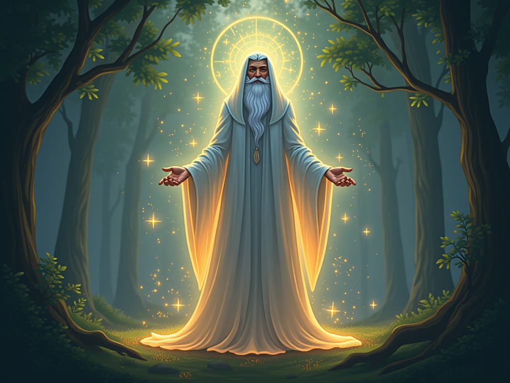  an ethereal sage in glowing robes, standing in a serene, glowing forest glade. luminous patterns swirl around them, representing the release of limiting beliefs, ethereal, mystical, enlightened.. the style is digital art illustration,highly detailed, whimsical,magical, dreamlike atmosphere, realism and fantasy blend, smooth, glossy textures,luminous quality, wonder and enchantment.