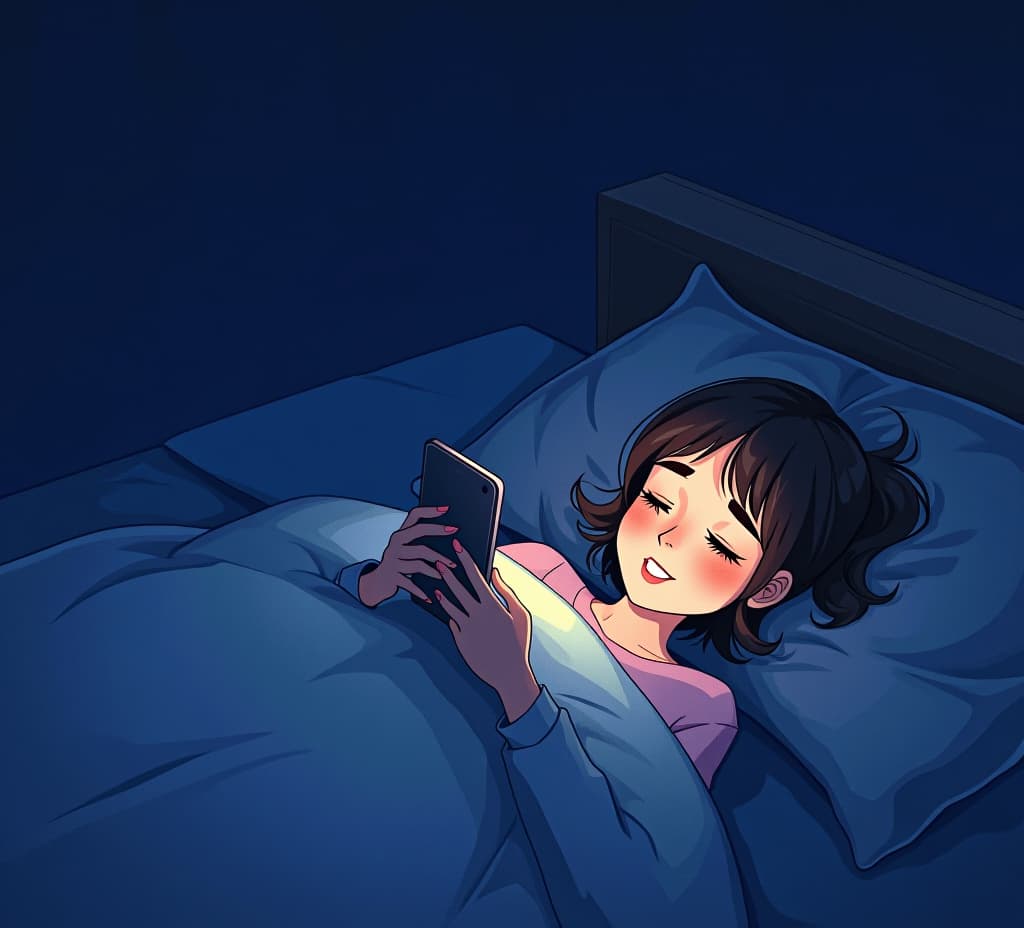  good quality, high quality, lineless vector illustration, watercolor comics, midnight, dark setting, checking phone lying on her bed in complete darkness, phone screen lighting up her face in the absolute darkness, screen flash lighting, 2d vector,