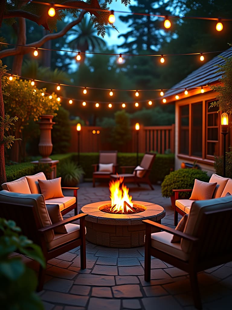  high quality portrait photo of a cozy outdoor patio at twilight with string lights, comfortable seating, and a fire pit, surrounded by lush greenery and tiki torches hyperrealistic, full body, detailed clothing, highly detailed, cinematic lighting, stunningly beautiful, intricate, sharp focus, f/1. 8, 85mm, (centered image composition), (professionally color graded), ((bright soft diffused light)), volumetric fog, trending on instagram, trending on tumblr, HDR 4K, 8K