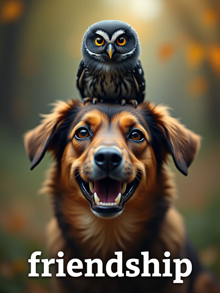  cinematic photo oil painting, bright colors, little black owl sitting on dog's head and smiling cheerfully, text at the bottom in big letters "friendship", high detail, high resolution, detailed skin, detailed eyes, detailed background, deep sharpness, dynamic pose, hyper realism, lots of small details, perfect composition and angle. . 35mm photograph, film, bokeh, professional, 4k, highly detailed hyperrealistic, full body, detailed clothing, highly detailed, cinematic lighting, stunningly beautiful, intricate, sharp focus, f/1. 8, 85mm, (centered image composition), (professionally color graded), ((bright soft diffused light)), volumetric fog, trending on instagram, trending on tumblr, HDR 4K, 8K