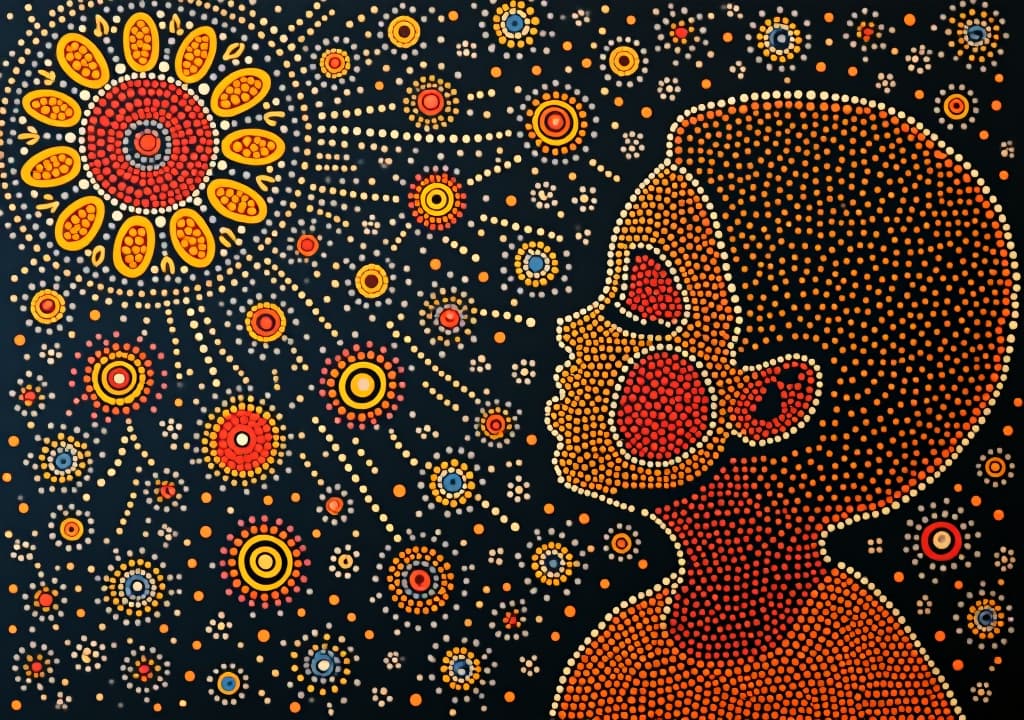  australian aboriginal dot painting style portrait of a child dreaming.