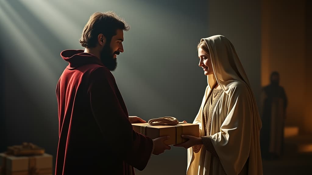  history of biblical times, the servant presenting gifts to rebecca, a moment of wealth and promise. hyperrealistic, full body, detailed clothing, highly detailed, cinematic lighting, stunningly beautiful, intricate, sharp focus, f/1. 8, 85mm, (centered image composition), (professionally color graded), ((bright soft diffused light)), volumetric fog, trending on instagram, trending on tumblr, HDR 4K, 8K