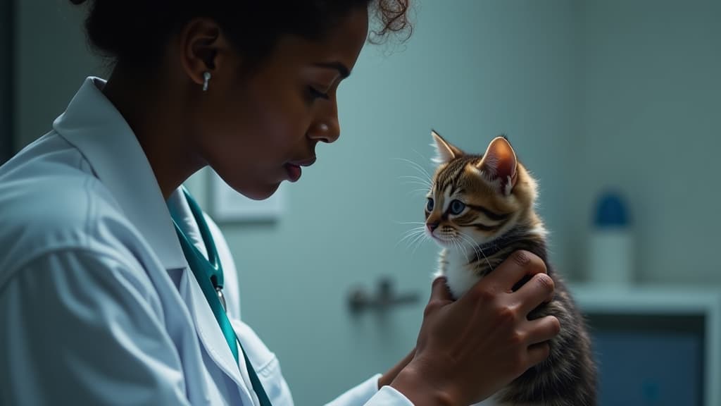  professional detailed photography, a dark skinned female veterinarian examines a kitten ar 16:9, (muted colors, dim colors, soothing tones), (vsco:0.3)