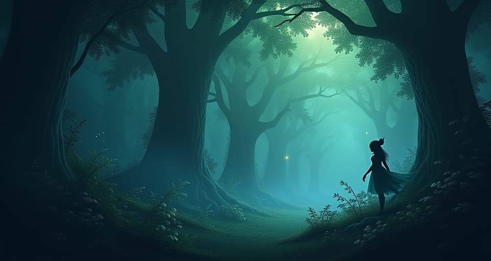  an enchanted forest scene with shadows dominating the underbrush. ethereal sprites hovering above, casting soft lights, witnessing unseen truths, contrast of perception and reality.. the style is digital art illustration,highly detailed, whimsical,magical, dreamlike atmosphere, realism and fantasy blend, smooth, glossy textures,luminous quality, wonder and enchantment.