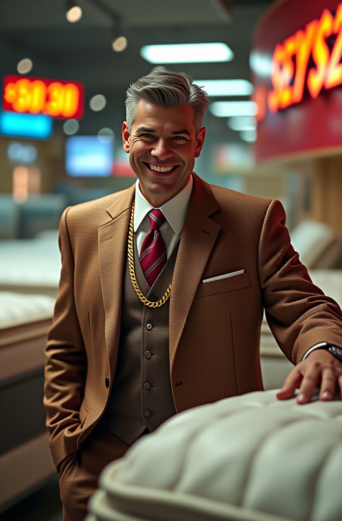  a smirking swindler mattress salesman in a cheap suit wearing a gold chain in a brightly lit showroom pointing to a few beds covered in glitter surrounded by gimmicky advertising signs with expensive prices, realistic, portrait, art by donato giancola and greg rutkowski, realistic face, digital art, trending on artstation hyperrealistic, full body, detailed clothing, highly detailed, cinematic lighting, stunningly beautiful, intricate, sharp focus, f/1. 8, 85mm, (centered image composition), (professionally color graded), ((bright soft diffused light)), volumetric fog, trending on instagram, trending on tumblr, HDR 4K, 8K