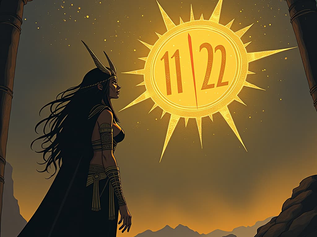  golden glyphs floating midair, showing numbers 11:11 and 2:22, radiant aura, large busted sorceress in tight attire observing them, mystical ambiance. the style is digital art illustration / modern comic book / mysterious occult, symbolic, esoteric vibe,high detail on character design, incorporating ancient egyptian symbology and attire.