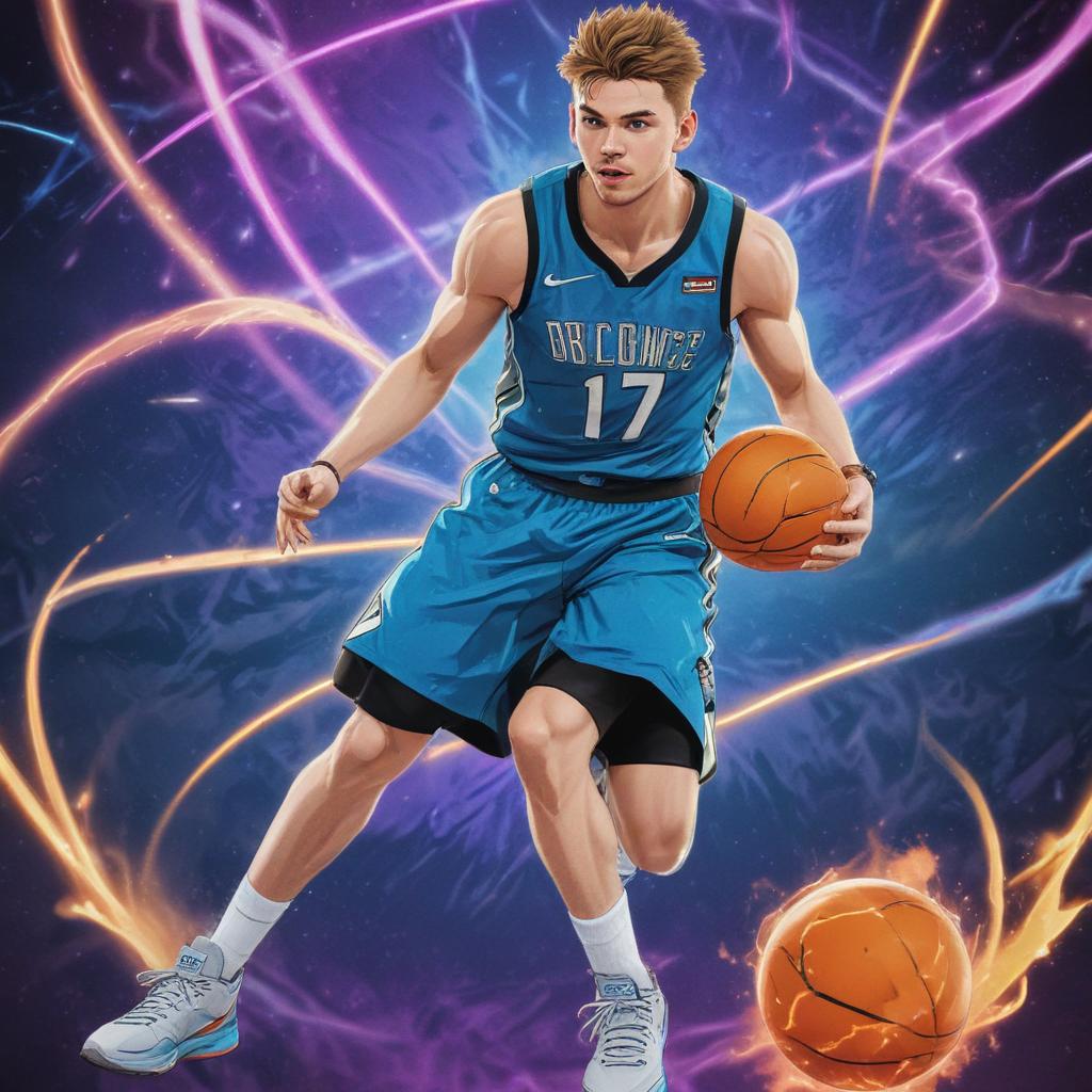 distance-shot, flashy, full-body, dynamic, holographic, animated cartoon poster of luka doncic in the style of dragon ball super