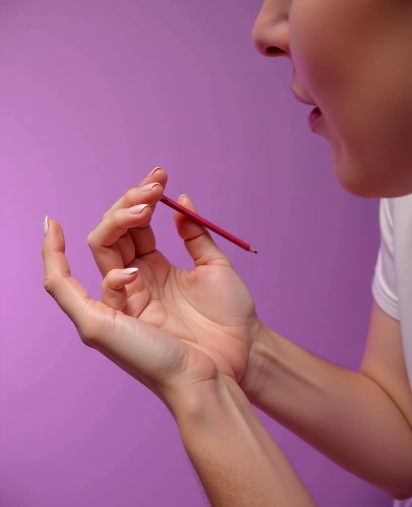  hdr photo of a woman applies a small amount of perfume on her wrist, hands, small pencil, applique, close up, on a lilac background . high dynamic range, vivid, rich details, clear shadows and highlights, realistic, intense, enhanced contrast, highly detailed