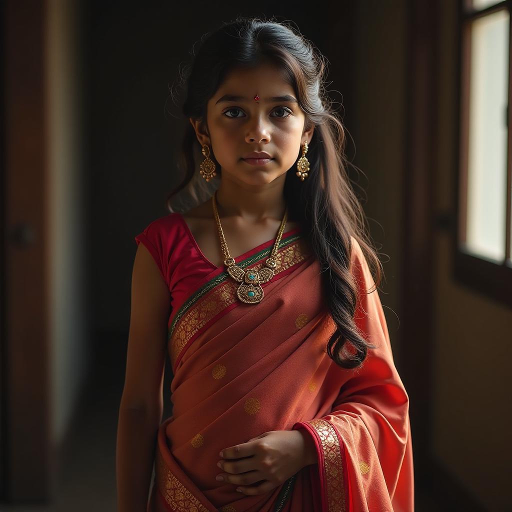  a beautiful and young indian girl wearing saree and showing navel hyperrealistic, full body, detailed clothing, highly detailed, cinematic lighting, stunningly beautiful, intricate, sharp focus, f/1. 8, 85mm, (centered image composition), (professionally color graded), ((bright soft diffused light)), volumetric fog, trending on instagram, trending on tumblr, HDR 4K, 8K