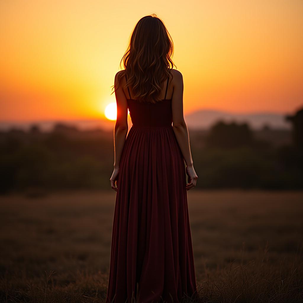  a brunette girl stands against the sunset in a long dress, facing away from the camera.