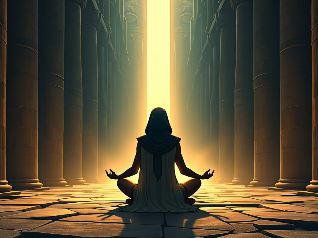  a meditative scene with an egyptian figure alone, in a chamber filled with light, symbolizing an introspective path chosen by the universe’s calling, peaceful and purposeful. the style is digital art illustration / modern comic book / mysterious occult, symbolic, esoteric vibe,high detail on character design, incorporating ancient egyptian symbology and attire.