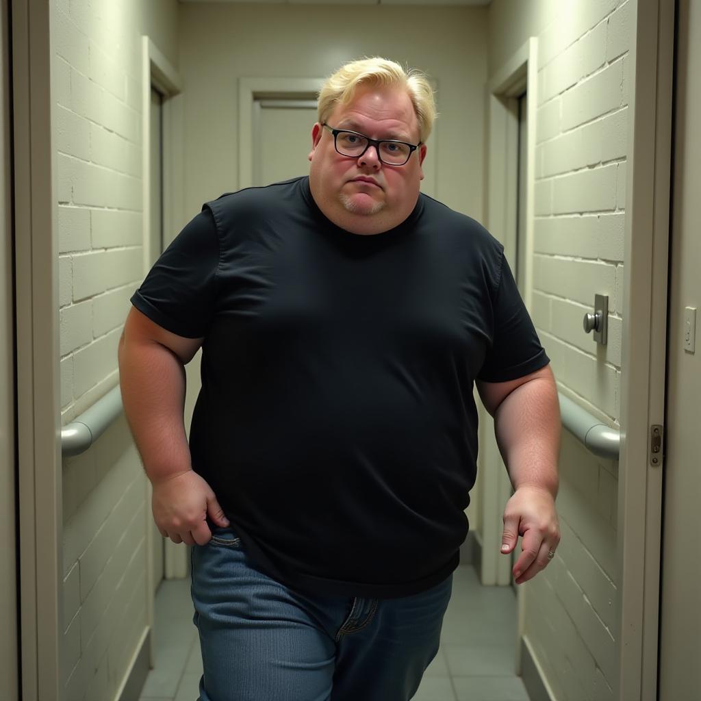  fat man blonde in glasses with a serious face in a black t shirt and jeans constantly looks at the phone and runs to the toilet