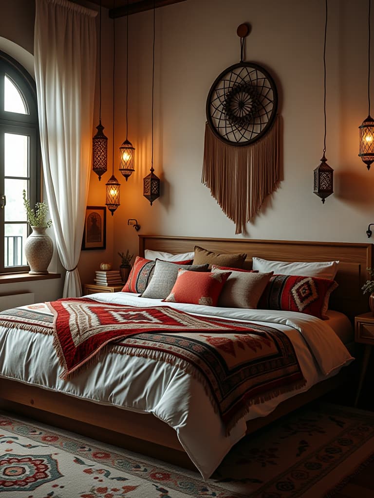  high quality portrait photo of a bohemian bedroom with a low platform bed adorned with colorful kilim pillows, surrounded by moroccan inspired lanterns and a large dream catcher on the wall hyperrealistic, full body, detailed clothing, highly detailed, cinematic lighting, stunningly beautiful, intricate, sharp focus, f/1. 8, 85mm, (centered image composition), (professionally color graded), ((bright soft diffused light)), volumetric fog, trending on instagram, trending on tumblr, HDR 4K, 8K