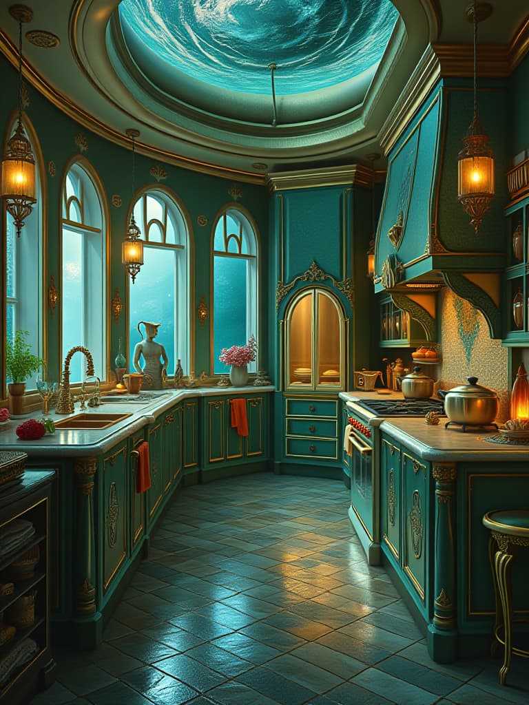  a luxurious mermaid mansion in the deep sea mermaid kitchen . the house is round and big metallic green and gold ver shiny . the kitchen is full of mermaid food . appliances are shape like mermaid tales