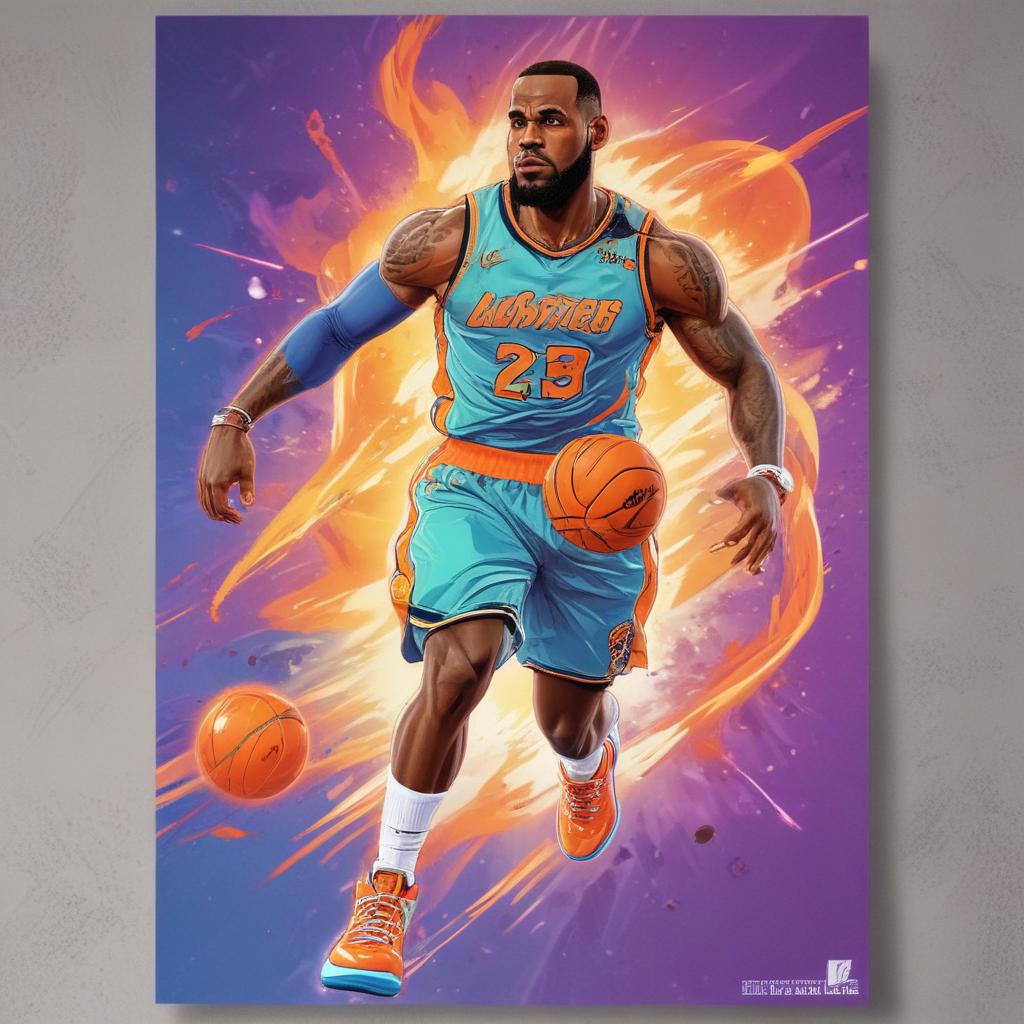 distance-shot, flashy, full-body, dynamic, holographic, animated cartoon poster of lebron james in the style of dragon ball super