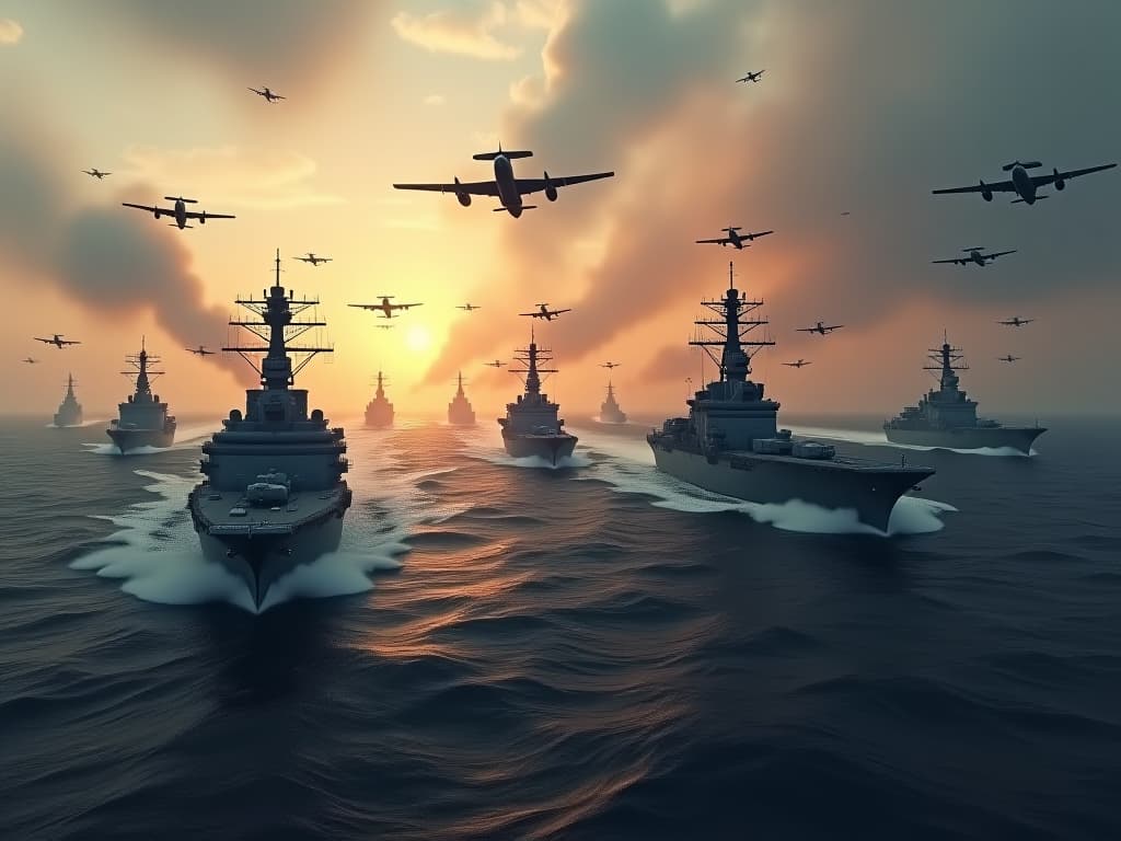  a dramatic scene of the battle of the philippine sea, showcasing the massive fleet of the united states fifth fleet led by admiral raymond spruance, with over 500 ships including aircraft carriers, battleships, and numerous aircraft soaring above. the sky is filled with the chaos of war, with explosions and smoke in the background, representing the strategic naval battle against the japanese combined fleet led by admiral shizaburo ozawa. the atmosphere is tense, capturing the courage, technology, and strategy of both fleets as they engage in this pivotal moment of world war ii. hyperrealistic, full body, detailed clothing, highly detailed, cinematic lighting, stunningly beautiful, intricate, sharp focus, f/1. 8, 85mm, (centered image composition), (professionally color graded), ((bright soft diffused light)), volumetric fog, trending on instagram, trending on tumblr, HDR 4K, 8K