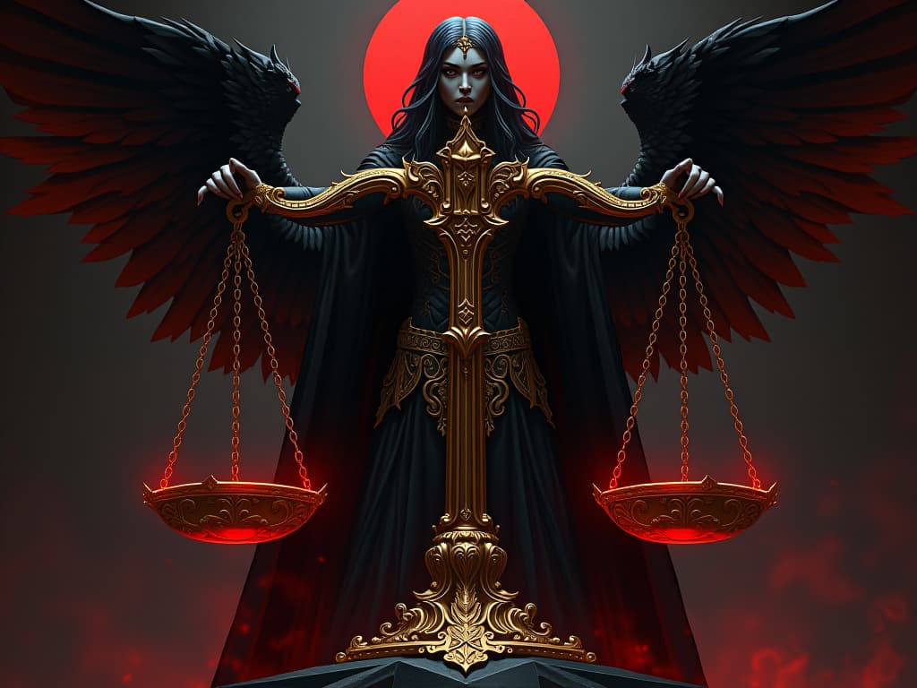  gilded scales balanced with red tinted weights, aura of integrity and justice. the style is digital art illustration / modern comic book / graphic dark novel fantasy and mysterious occult, symbolic, moody lighting, esoteric vibe,high detail on character design. for the color scheme emphasize blacks and reds.