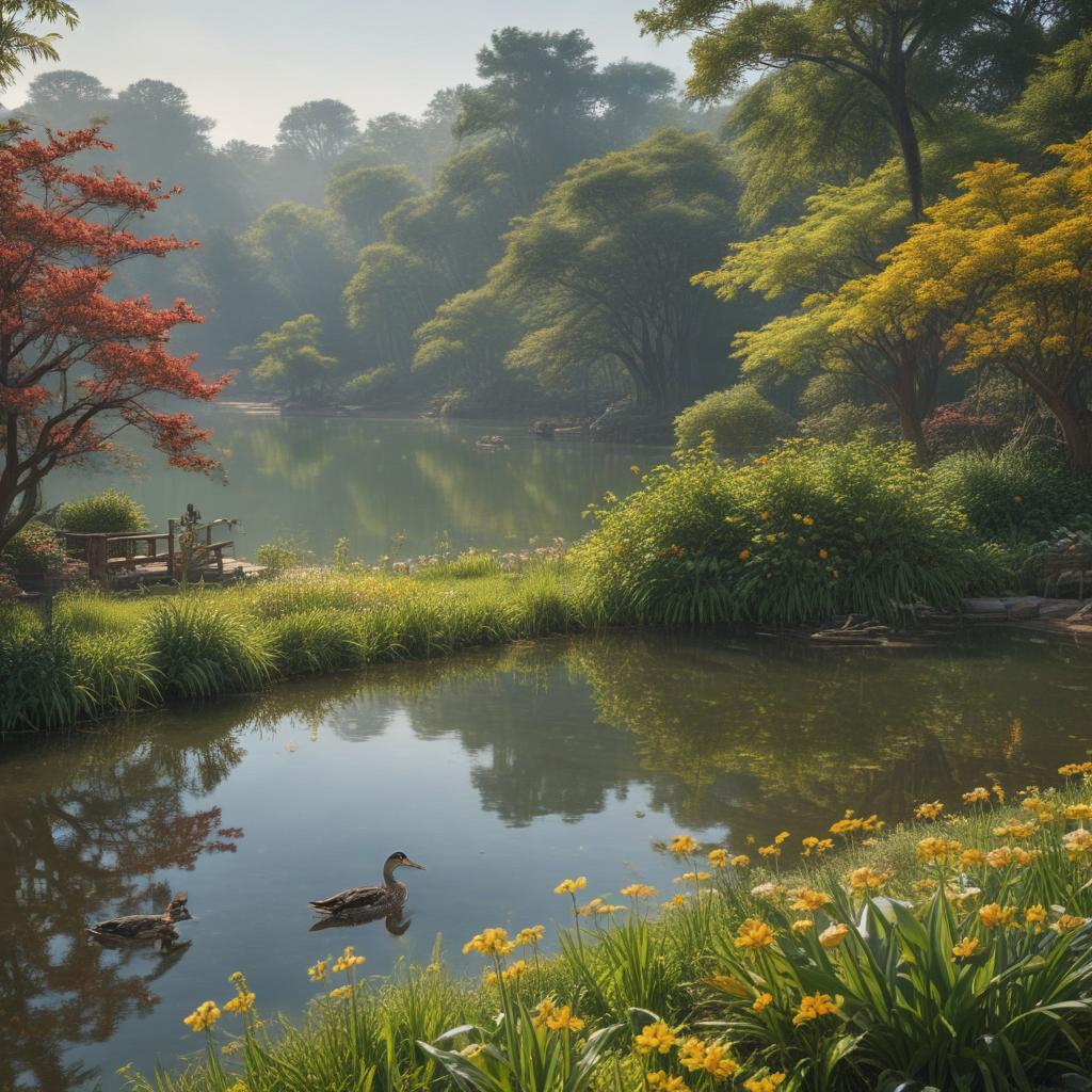 ((masterpiece)),(((best quality))), 8k, high detailed, ultra detailed, Improvements to tourism facilities in Changhua area, a peaceful lakeside park, (flower gardens in full bloom), (ducks swimming in the pond), (picnickers enjoying the sunshine) hyperrealistic, full body, detailed clothing, highly detailed, cinematic lighting, stunningly beautiful, intricate, sharp focus, f/1. 8, 85mm, (centered image composition), (professionally color graded), ((bright soft diffused light)), volumetric fog, trending on instagram, trending on tumblr, HDR 4K, 8K