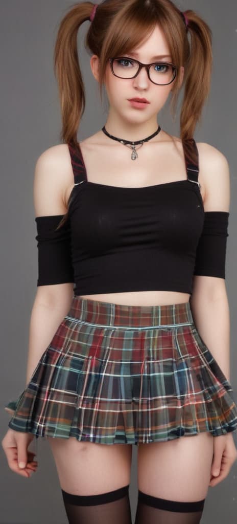 extremely thin but exteremely large exposed bare breasts adorkable nerdy emo gamer young woman with wearing a very short plaid pleated skirt and pigtails