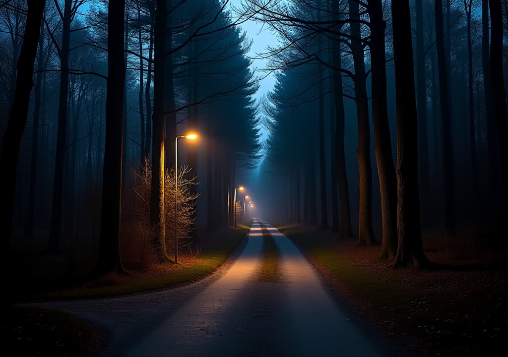  looking at a path in the forest from a street in a neighborhood at night