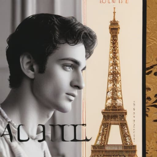 Book cover of book entitled LUDOVIC (in a vogue type font at top of page) a romance novel cult book cover aesthetic, with a collage below the title LUDOVIC featuring : a bacchus head like a Roman statue, a champagne glass, keith baring flower head drawing, and an Eiffel Tower in Cinematic style with Gradient background