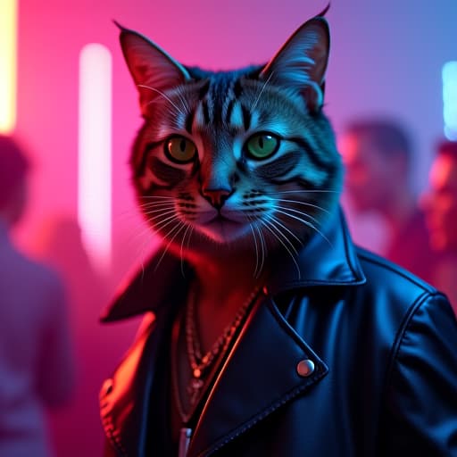  amidst a pulsating neon lit nightclub, hemule, the anthropomorphic tabby cat with charismatic green eyes and edgy style, is immersed in a moment of euphoria. the atmosphere is electric, with vibrant hues swirling around hemule as he exudes a rebellious charisma. his sleek fur glistens under the dynamic lights, reflecting a mix of brown, black, and grey tones with intricate stripes. the scene captures hemule in a state of bliss, radiating a tough yet alluring persona that blends seamlessly with the intoxicating energy of the club. the intricate details of his immaculate style, from his sharp attire to his confident posture, are portrayed with a meticulous touch that blurs the boundaries between reality and art. hyperrealistic, full body, detailed clothing, highly detailed, cinematic lighting, stunningly beautiful, intricate, sharp focus, f/1. 8, 85mm, (centered image composition), (professionally color graded), ((bright soft diffused light)), volumetric fog, trending on instagram, trending on tumblr, HDR 4K, 8K