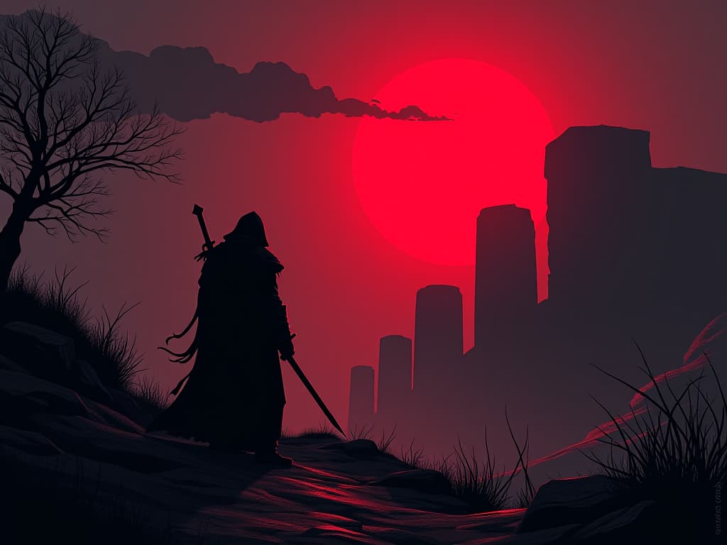  eerie moonlit landscape, shadowy silhouette of a warrior, ancient ruins in the background, atmosphere of foreboding mystery. the style is digital art illustration / modern comic book / graphic dark novel fantasy and mysterious occult, symbolic, moody lighting, esoteric vibe,high detail on character design. for the color scheme emphasize blacks and reds.