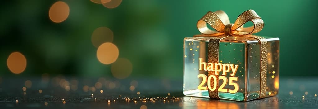  transparent glass christmas gift with glass bow, golden glowing text “happy 2025”, festive green bokeh background ar 3:1 {prompt}, maximum details