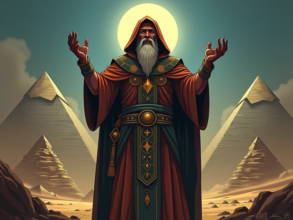  a wise elder, large busted, dressed in sacred ceremonial robes, standing amidst pyramids, hands raised in invocation, symbolizing preparation for greater spiritual growth. the style is digital art illustration / modern comic book / mysterious occult, symbolic, esoteric vibe,high detail on character design, incorporating ancient egyptian symbology and attire.