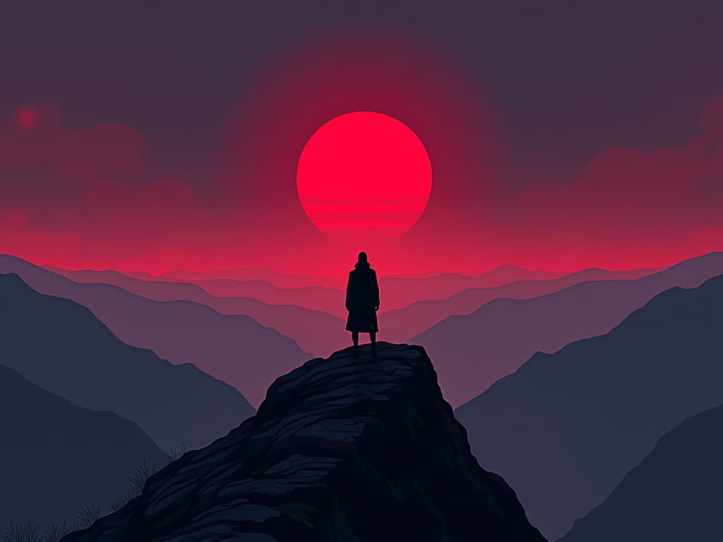  a figure standing alone on a mountaintop, overlooking a vast, empty landscape, twilight sky, air of solitude. the style is digital art illustration / modern comic book / graphic dark novel fantasy and mysterious occult, symbolic, moody lighting, esoteric vibe,high detail on character design. for the color scheme emphasize blacks and reds.