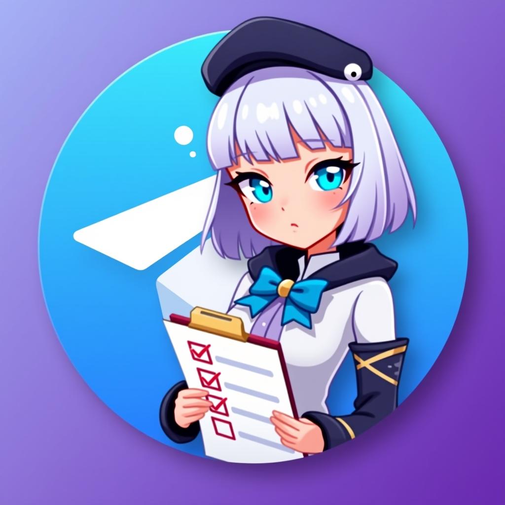  good quality, high quality, a profile picture for a telegram group management bot featuring emilia from re:zero. emilia is depicted with her silver hair and blue eyes, with hat, holding a stylized clipboard with a checklist. the background is a soft gradient of telegram logo purple and blue, symbolizing efficiency and organization. the telegram iconic logo is subtly integrated into the background, starting small near emilia and gradually growing in size and brightness as it moves outward, blending smoothly with the gradient colors.