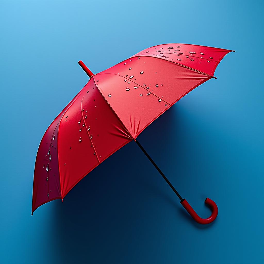  an image shows a red umbrella lying sideways on a blue surface with water drops on its top and bottom