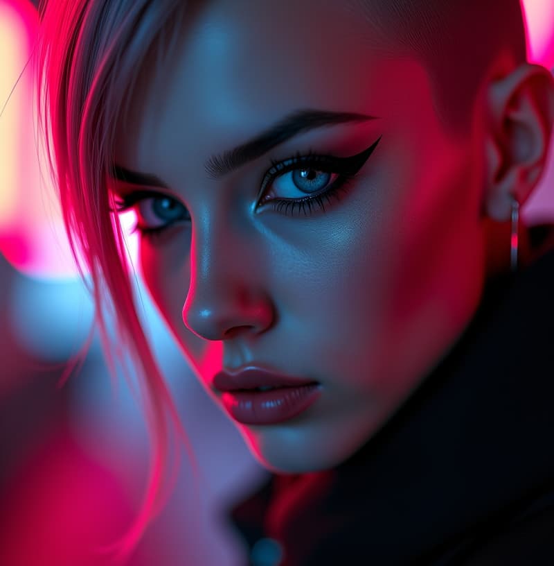  ultra realistic close up portrait ((beautiful pale cyberpunk female with heavy black eyeliner)), blue eyes, shaved side haircut, hyper detail, cinematic lighting, magic neon, dark red city, canon eos r3, nikon, f/1.4, iso 200, 1/160s, 8k, raw, unedited, symmetrical balance, in frame, 8k hyperrealistic, full body, detailed clothing, highly detailed, cinematic lighting, stunningly beautiful, intricate, sharp focus, f/1. 8, 85mm, (centered image composition), (professionally color graded), ((bright soft diffused light)), volumetric fog, trending on instagram, trending on tumblr, HDR 4K, 8K