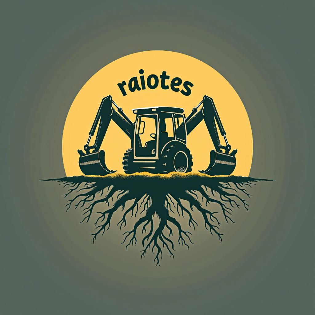  design a logo, make me a logo that says roots constructions in spanish that has roots in the earth but that those roots are streets, with two backhoes, with the text 'raices construcciones '.