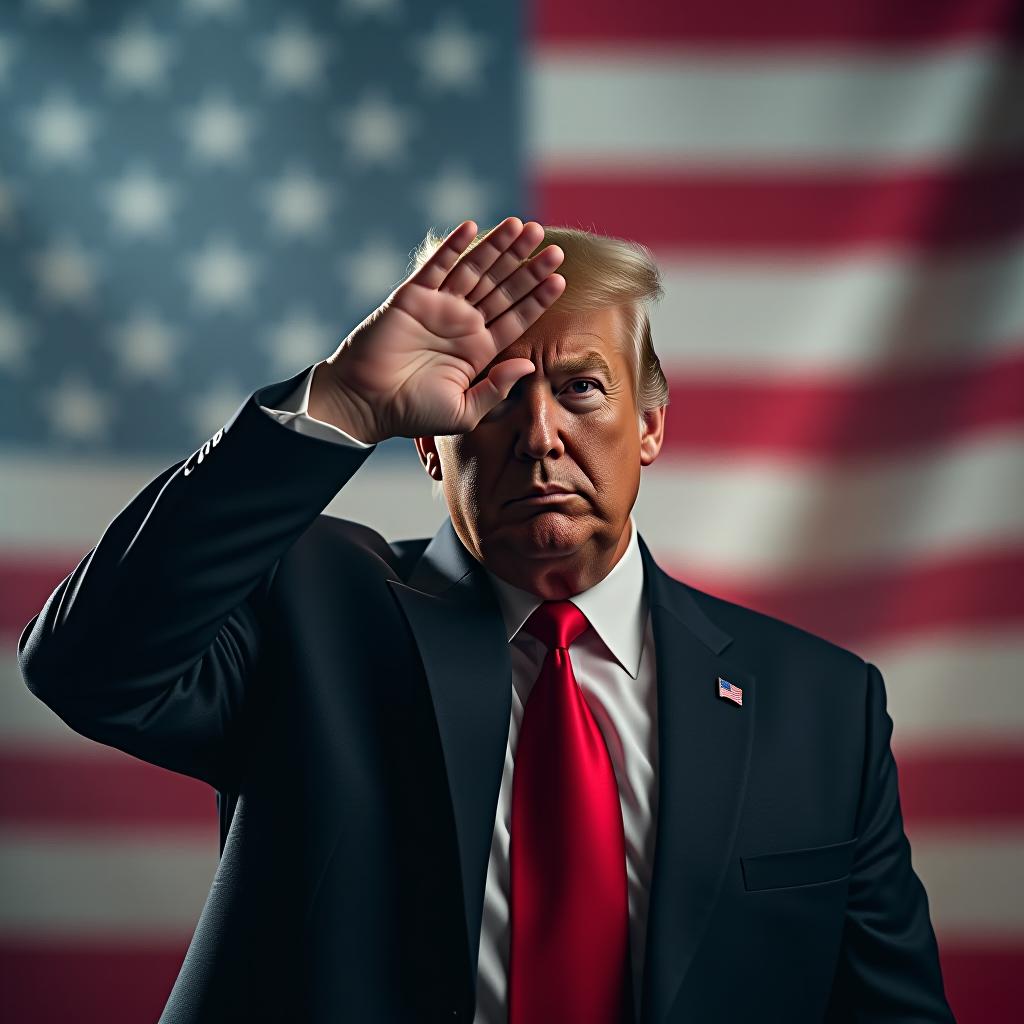  donald trump salute with usa flag in the background hyperrealistic, full body, detailed clothing, highly detailed, cinematic lighting, stunningly beautiful, intricate, sharp focus, f/1. 8, 85mm, (centered image composition), (professionally color graded), ((bright soft diffused light)), volumetric fog, trending on instagram, trending on tumblr, HDR 4K, 8K