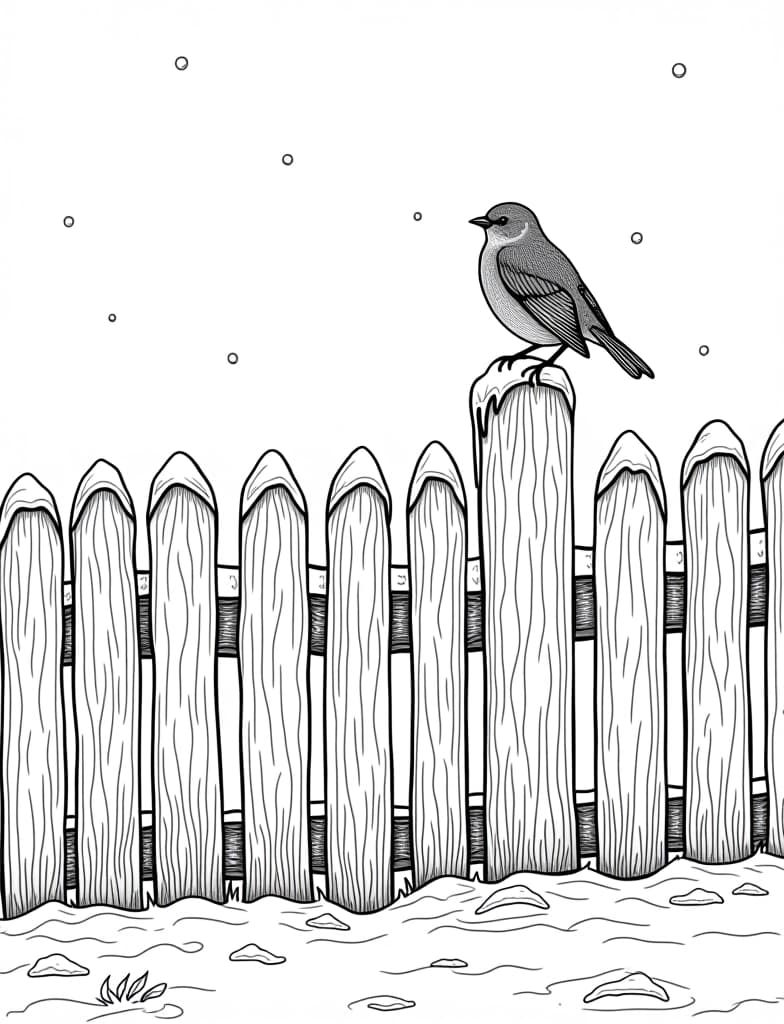  this is for an adult coloring page. a detailed black and white line art of a snowy snow covered fence with a robin perched on top on a solid white background.