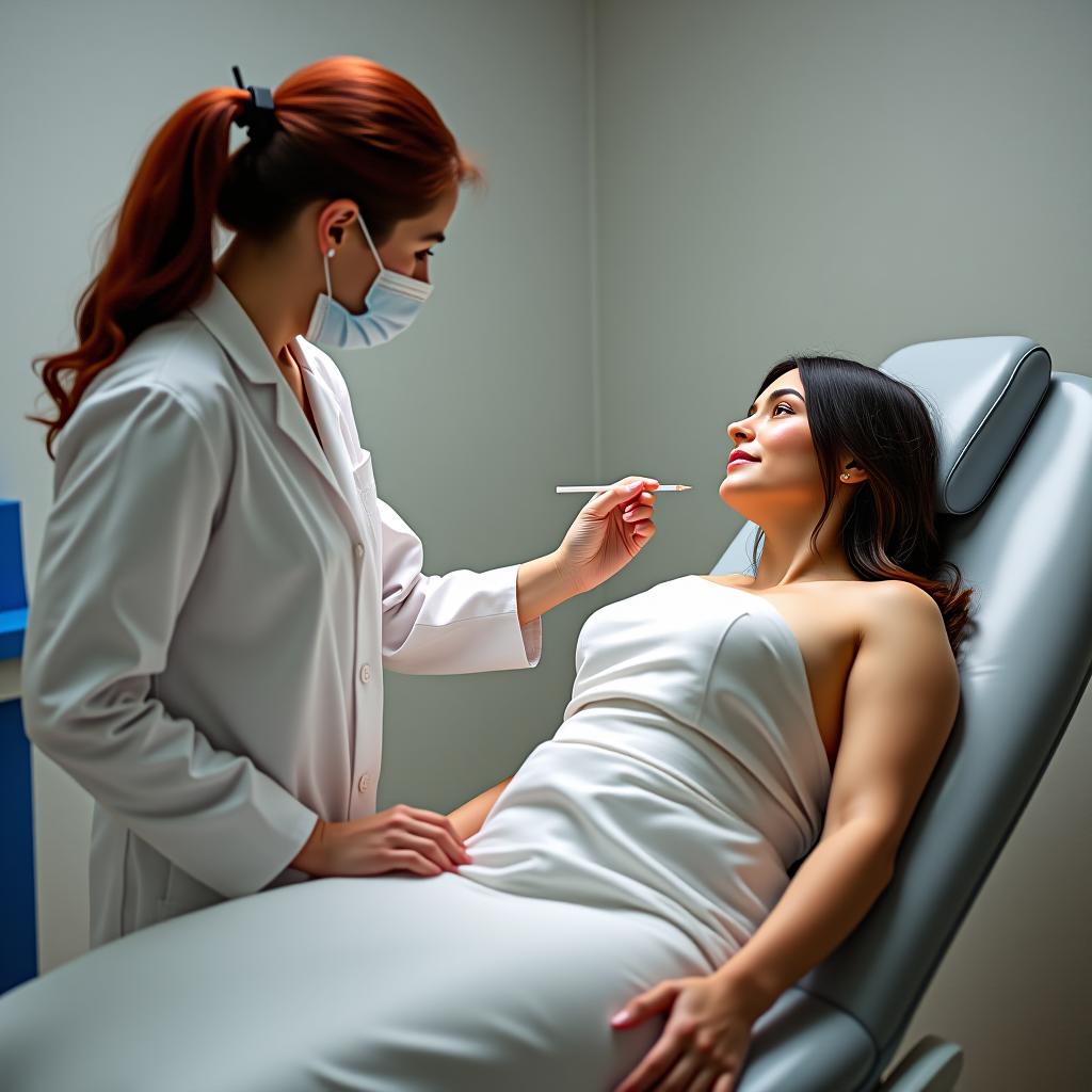  a with dark red hair in a white medical coat stands next to a gynecological chair, taking swab samples from a woman, while the patient's areas are covered with a disposable sheet.