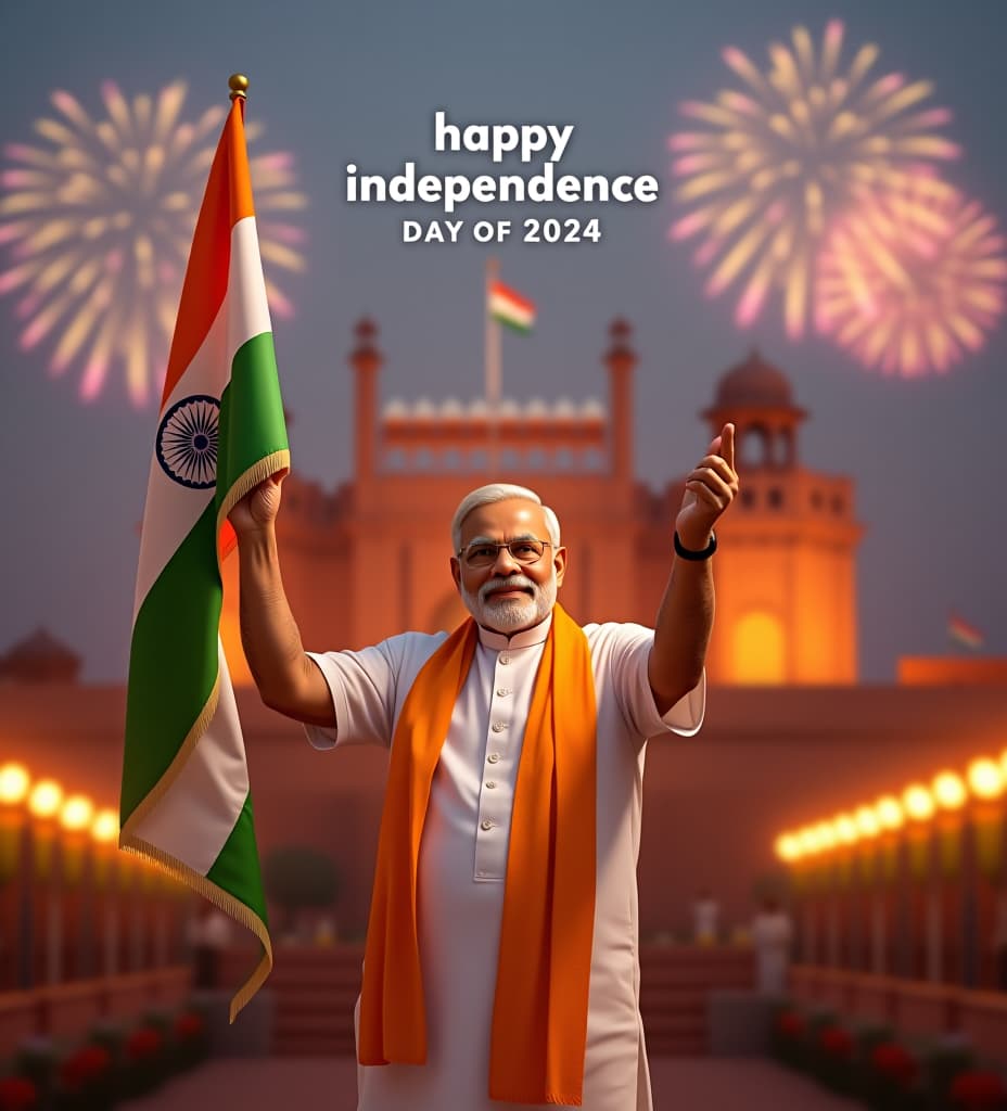  create a realistic and clear image of narendra modi celebrating 'happy independence day of india' in 2024. he is dressed in traditional indian attire, including a white kurta and a saffron colored shawl. narendra modi is standing proudly with the indian flag in hand, positioned in front of a backdrop featuring the red fort, which is adorned with the tricolor flag. the scene should have a festive atmosphere with vibrant decorations, numerous indian flags, and fireworks lighting up the evening sky. the text 'happy independence day of india 2024' should be subtly integrated into the image, and the overall image should be sharp and clear with no blur.