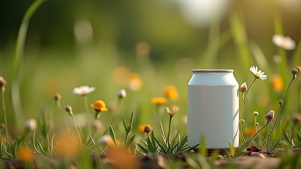  white soda can mockup placed in a natural setting with wildflowers