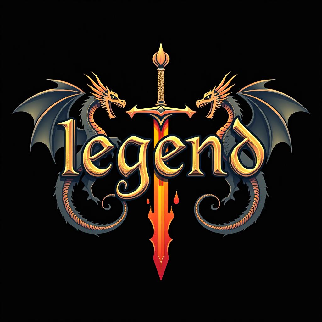  design a logo, custom sticker design on an isolated black background with the words ‘legend’ in bold font decorated by mythical dragons and a flaming sword