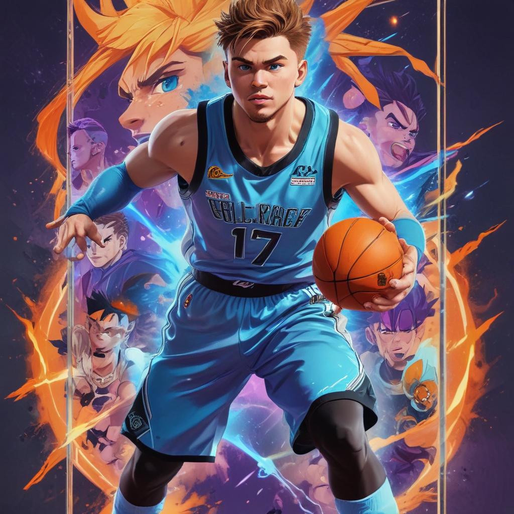 distance-shot, flashy, full-body, dynamic, holographic, animated cartoon poster of luka doncic in the style of dragon ball super