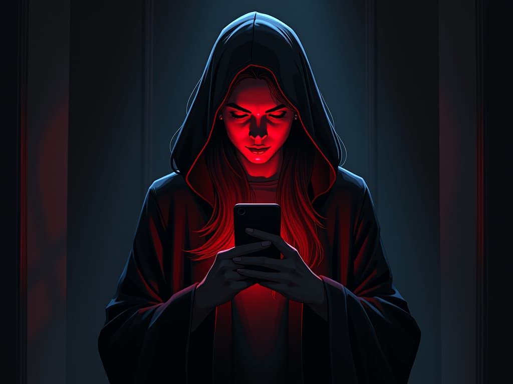  phone screen glowing in the darkness, unread message notification blinking, sense of silent anticipation, dim room filled with shadows. the style is digital art illustration / modern comic book / graphic dark novel fantasy and mysterious occult, symbolic, moody lighting, esoteric vibe,high detail on character design. for the color scheme emphasize blacks and reds.