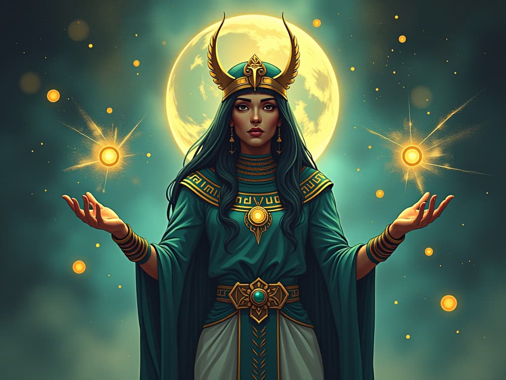  maya with outstretched hands, manipulating reality and perception, mystical symbols floating around, ethereal backdrop. the style is digital art illustration / modern comic book / mysterious occult, symbolic, esoteric vibe,high detail on character design, incorporating ancient egyptian symbology and attire.