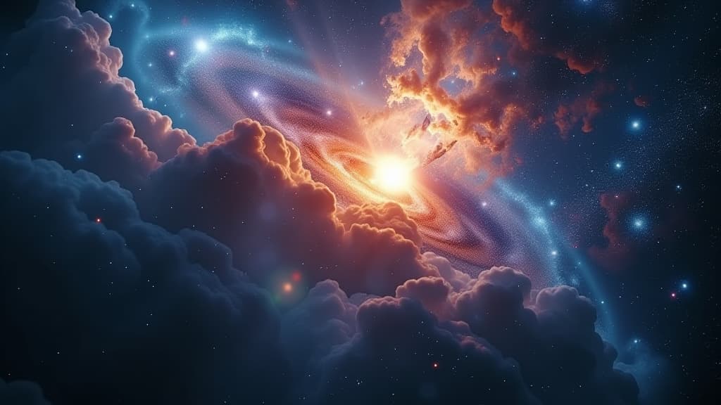  an image depicting a galactic collision, showcasing the dynamics and grandeur of galaxies interacting in the vastness of space. hyperrealistic, full body, detailed clothing, highly detailed, cinematic lighting, stunningly beautiful, intricate, sharp focus, f/1. 8, 85mm, (centered image composition), (professionally color graded), ((bright soft diffused light)), volumetric fog, trending on instagram, trending on tumblr, HDR 4K, 8K