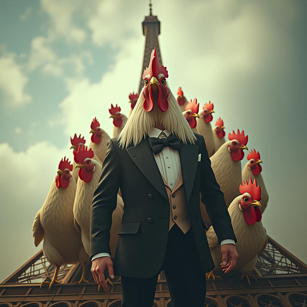  3. a cinematic parody film poster titled 'hun clawed', featuring a horde of chicken, led by a tuxedo wearing rooster, ascending on the eiffel tower. it's a surreal blend of artistry and humor. small text 'astravision' at bottom right corner. hyperrealistic, full body, detailed clothing, highly detailed, cinematic lighting, stunningly beautiful, intricate, sharp focus, f/1. 8, 85mm, (centered image composition), (professionally color graded), ((bright soft diffused light)), volumetric fog, trending on instagram, trending on tumblr, HDR 4K, 8K